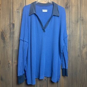 We The Free Travis Oversized Thermal Polo Tunic Dutch Blue V-Neck Sweater